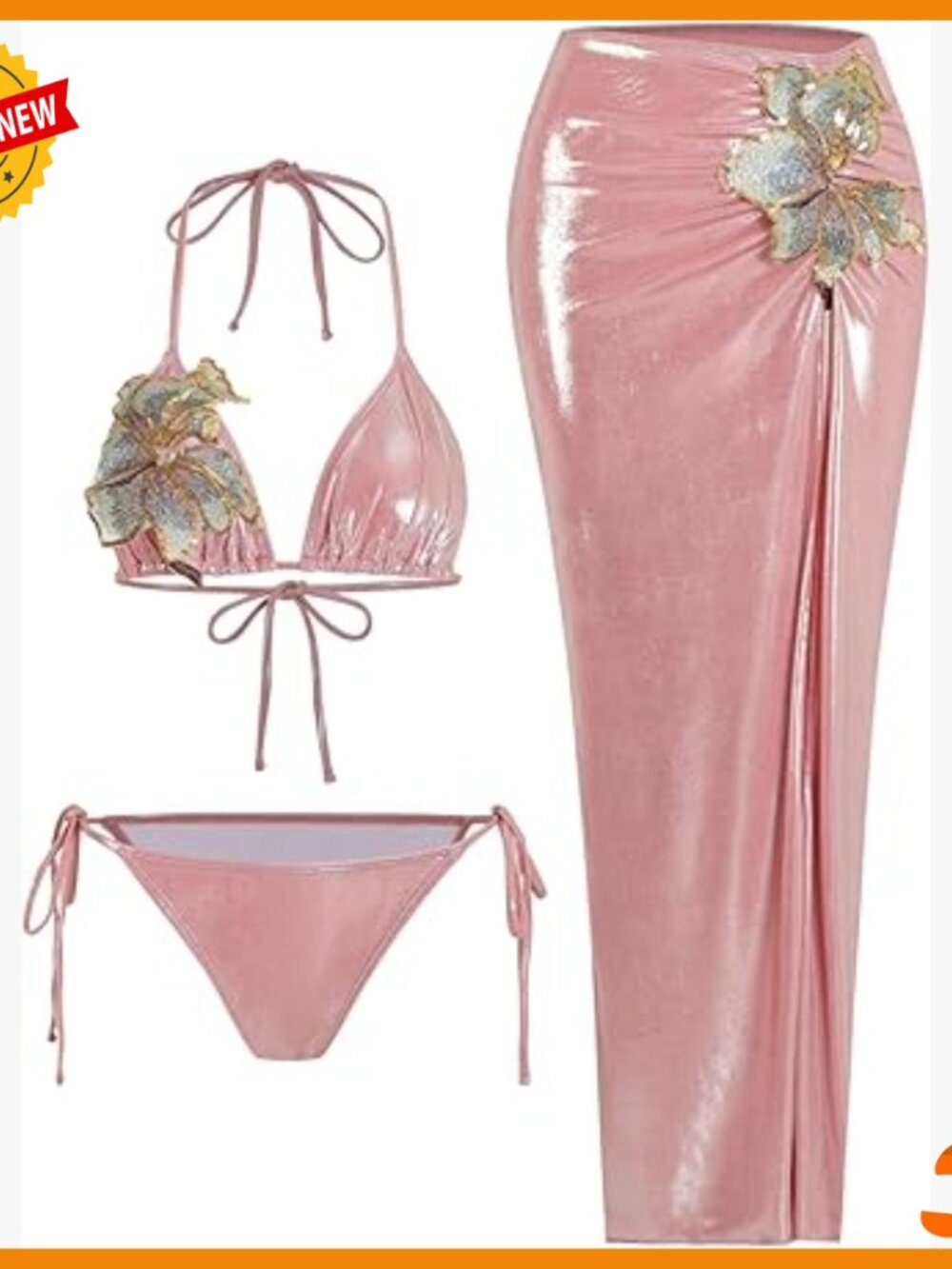 Pink Metallic Triangle Bikini Set with Sarong Cover-Up